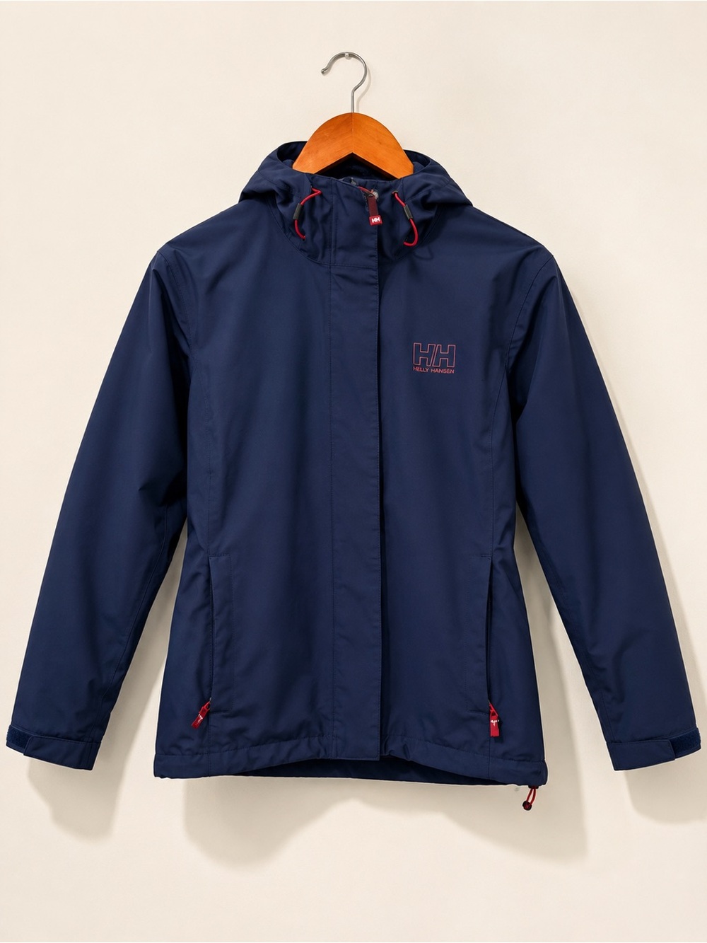 Helly Hansen Navy Hooded Waterproof Rain Jacket Red/pink Mesh Lined Women Small